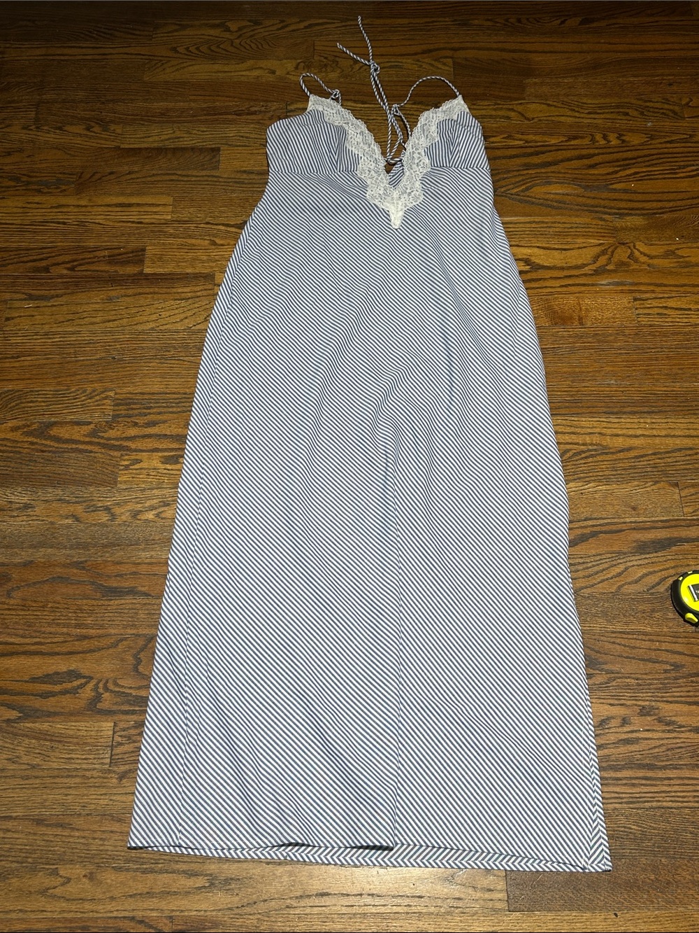 Striped Lace-Trim Maxi Slip Dress in Navy and White